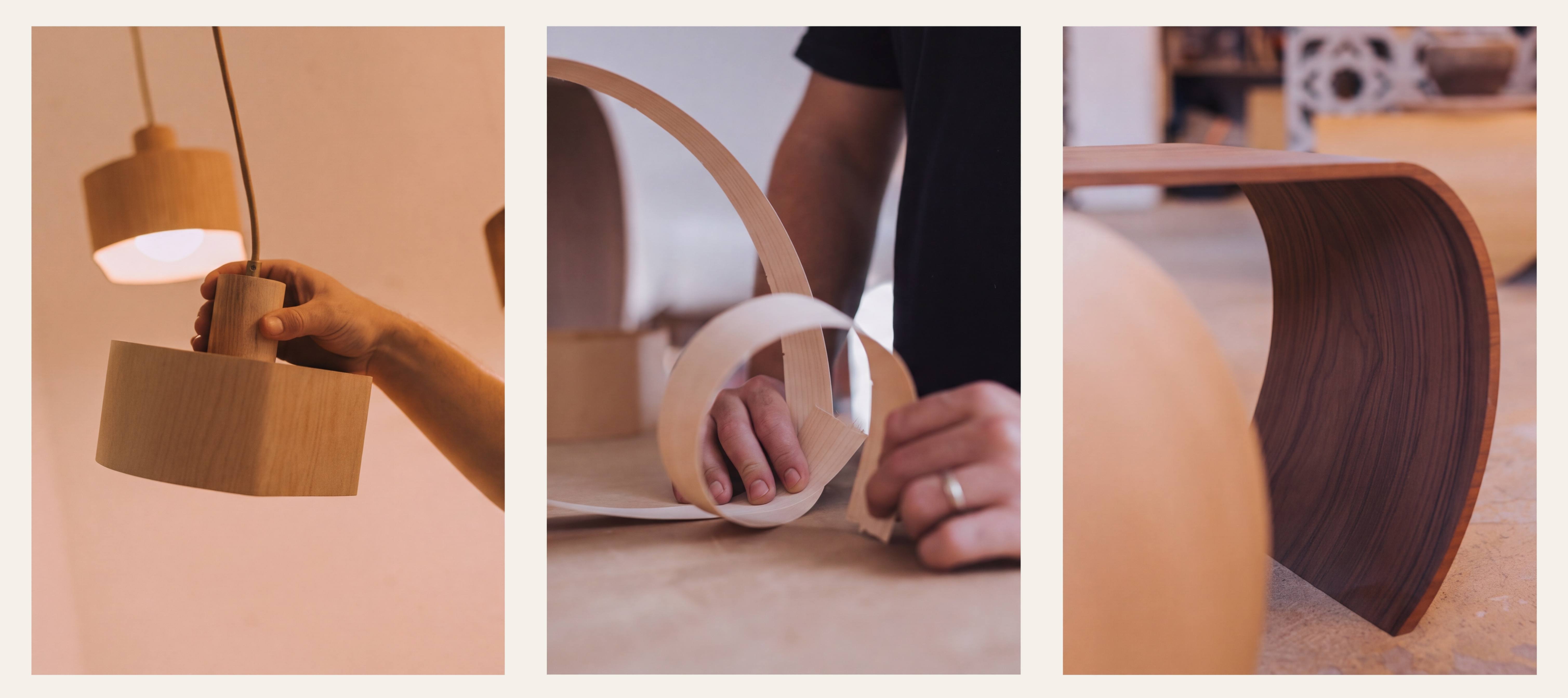 Three images side by side: a hand adjusting a pale wood pendant light, hands bending a thin strip of pale wood veneer, and a curved walnut bench.