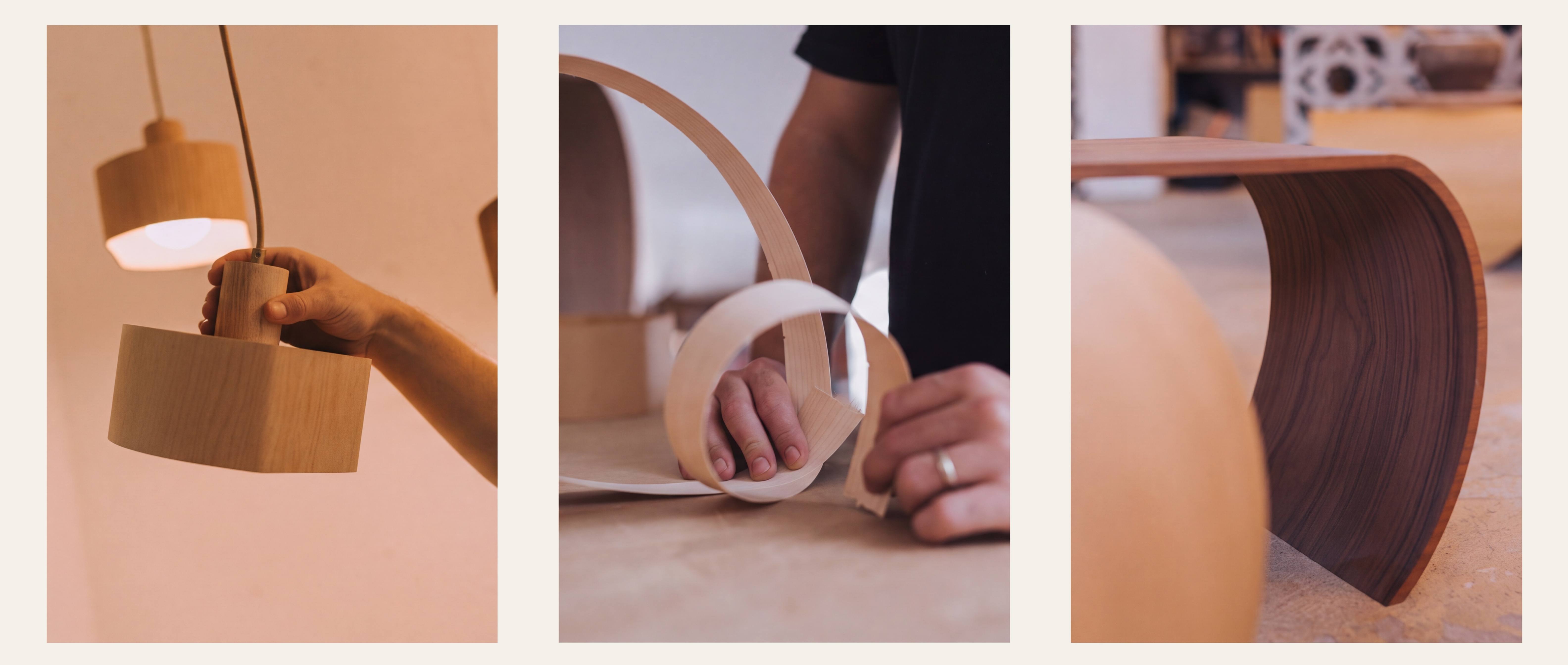Three images side by side: a hand adjusting a pale wood pendant light, hands bending a thin strip of pale wood veneer, and a curved walnut bench.